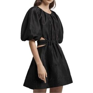 AJE  PSYCHEDELIA Black Cut Out Mini Dress Open Tie Back Size 6 Linen Silk Puff